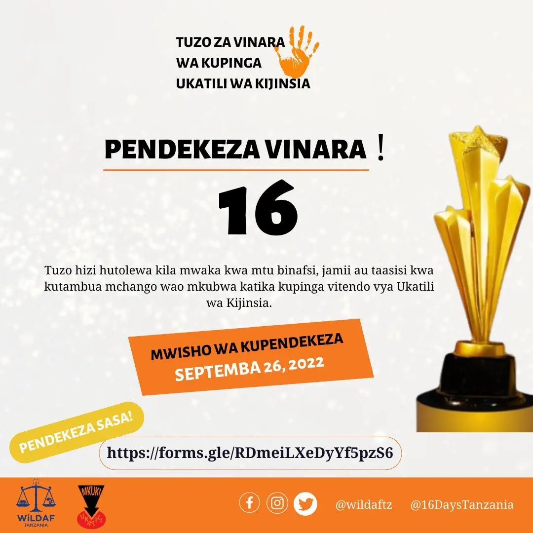 CSO_Network's tweet photo. TUZO: Vinara 16 wa kupinga ukatili wa kijinsia.
...
Unaweza kupendekeza mtu binafsi, jamii au taasisi ambazo zimechukua hatua za kipekee katika kutokomeza ukatili wa kijinsia.
...
Maelezo: @WiLDAFTz 
#16daysofactivism #cson https://t.co/JKUTqSIKQw