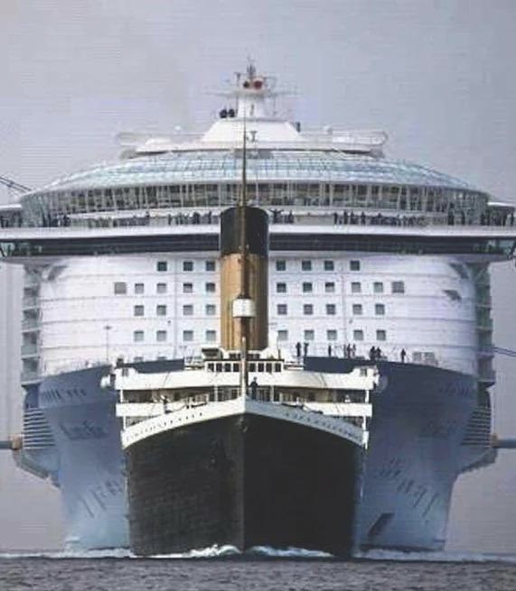 The titanic in comparison to a modern cruise ship