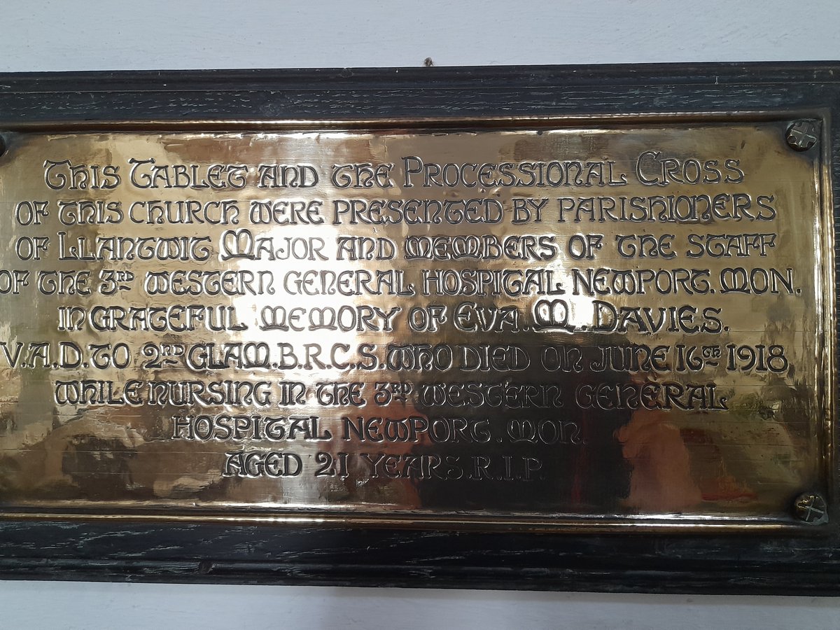 Wales_Battles's tweet photo. Eva Martha Davies, a Voluntary Aid Detachment civilian Nurse working in No 3 Western General Hospital in Cardiff died whilst tending to the World War 1. She is now commemorated on the Llantwit Major cenotaph. Her name was not added as one of the war dead until 2017 #CWCG #WW1 https://t.co/Tsl0PU571f
