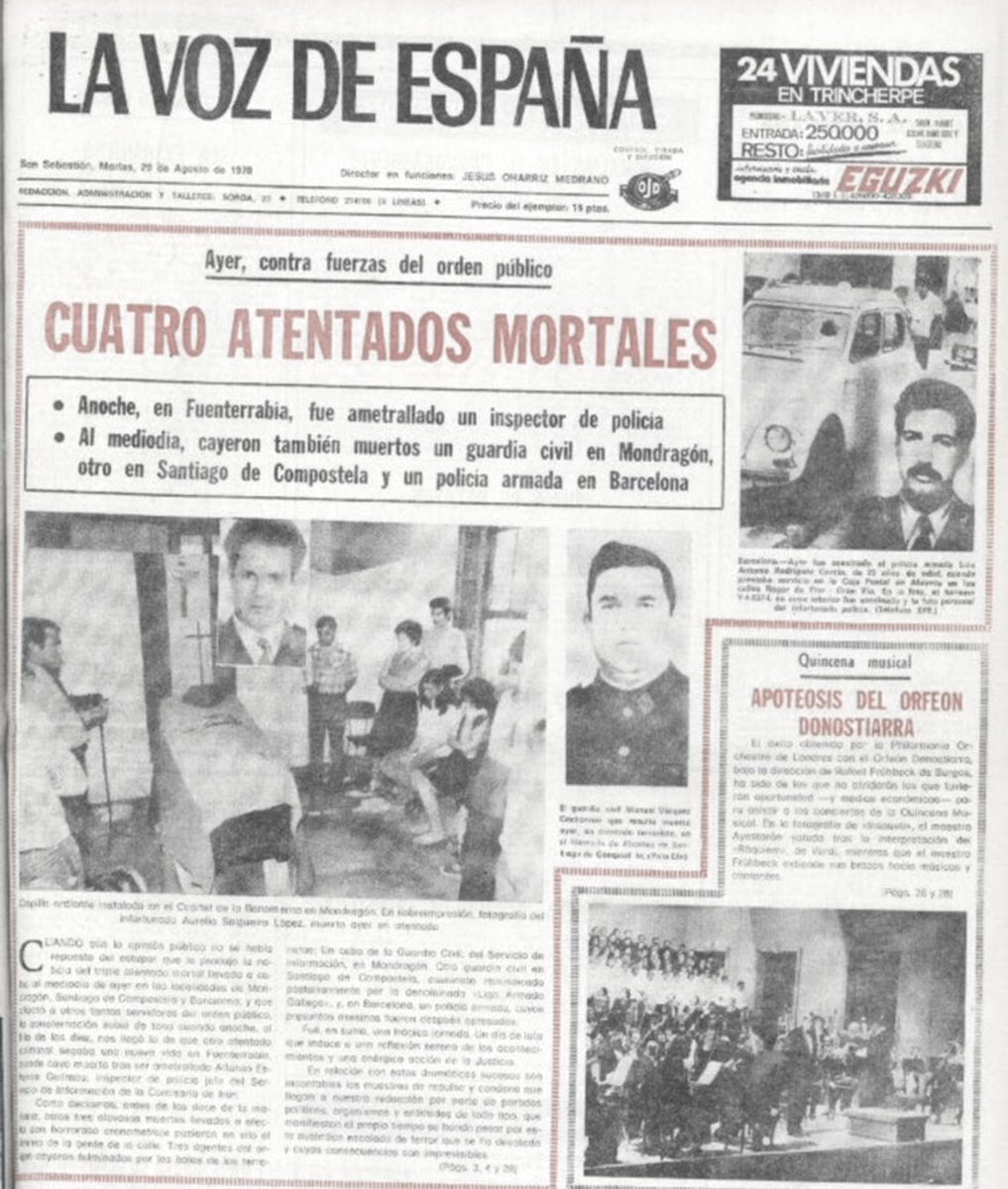 #TalDiaComoHoy de 1978 #ETACCAA asesinó en #Mondragon al <a href="/guardiacivil/">Guardia Civil</a> Aurelio Salgueiro delante de su hijo de 14 años, pasaron 15 minutos sin que nadie les socorriéra. 

Su hija Esther te contará como vivió el asesinato de su padre.

También #Impune

HILO ⤵️