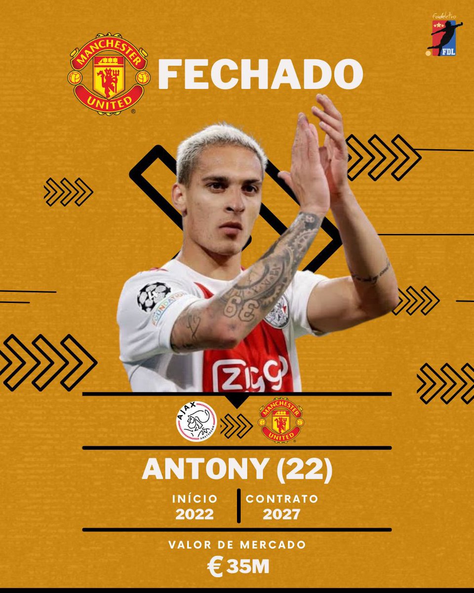 foideletra's tweet photo. 🚨| Antony será jogador do Manchester United. Os Red Devils fecharam a contratação do atacante brasileiro junto ao Ajax pelo valor de €94 milhões mais bônus.

#ManUnited #RedDevils #PL #Ajax https://t.co/36kY7DlLHj