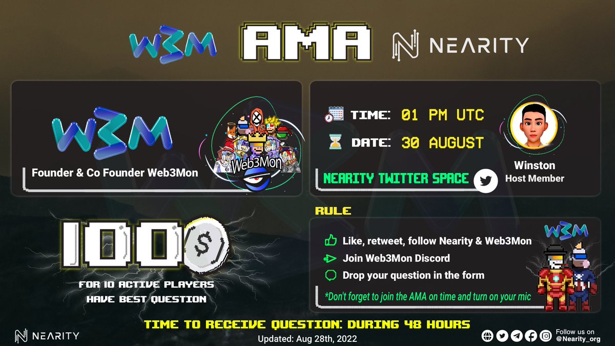 Nearity_org's tweet photo. 🌪️Nearity X Web3Moon #AMA🌪️
🎁100 $USDC for 10 best question/ Active players

Rules:
1⃣Like, RT &amp; Follow @web3mon, @Nearity_org 
2⃣Join #Web3Moon Discord: https://t.co/WO3u15ECvP
3⃣Submit your question https://t.co/KELdOp5P5f

❗️Remember to join on time and turn on your mic
#NFTs https://t.co/ApZQO1AiBD