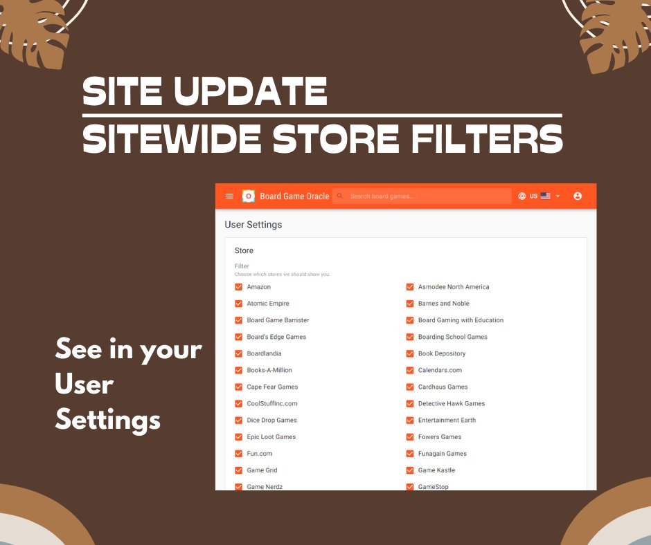 boardgameoracle's tweet photo. Site Update! 🔔📣
The wishlist store filter is now a general store filter.  You can now control which stores we show you across the entire Board Game Oracle site. Compare prices only from stores you want to see.
#boardgames #boardgamedeals #cardgames #tabletopgames https://t.co/el6g6Dba2c