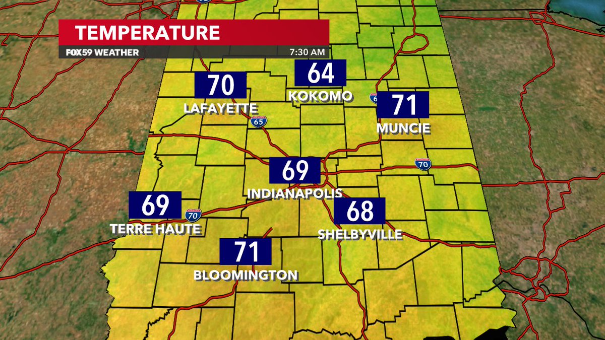 AHardwickWx's tweet photo. It's a quiet morning across the state! Temperatures are in the upper 60s and lower 70s... Skies are clear too! #INwx @FOX59 @theWXauthority #FOX59morning https://t.co/iyrImOK4U7