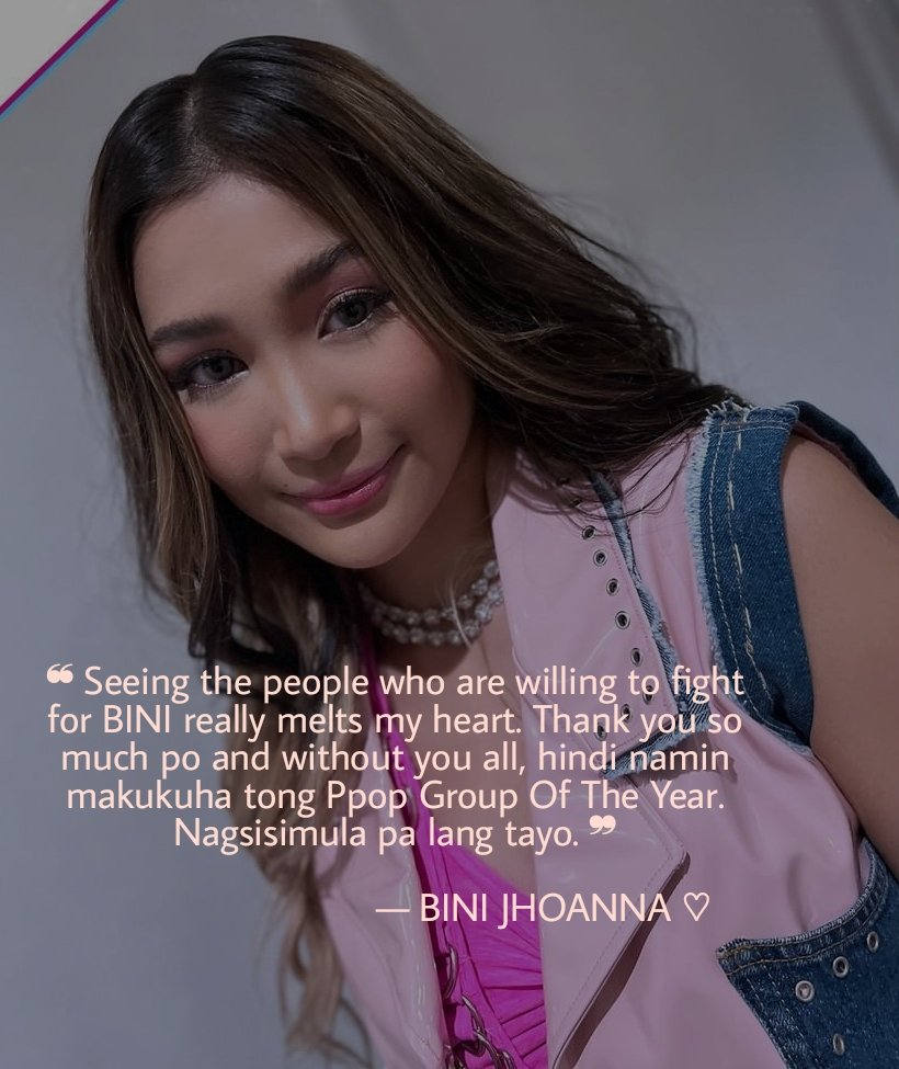 bini_quotes's tweet photo. ⠀
❝ Seeing the people who are willing to fight for BINI really melts my heart. Thank you so much po and without you all, hindi namin makukuha tong Ppop Group Of The Year. Nagsisimula pa lang tayo. ❞

                            — BINI JHOANNA ♡
⠀ https://t.co/vOXJwReY4X
