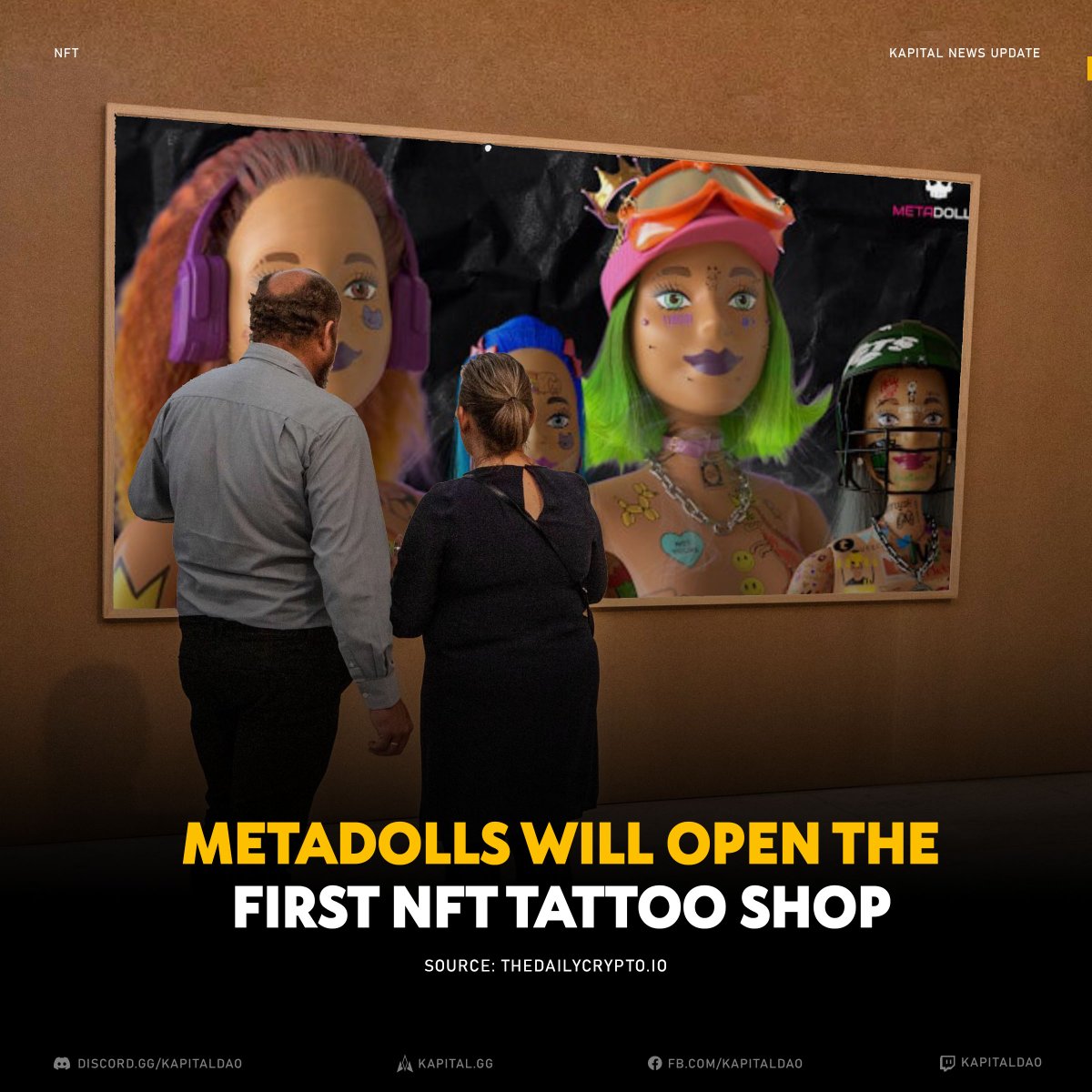 kapital_news's tweet photo. The project's plan starts with the first collection of 7,000 3D super realistic dolls, with benefits like IRL events and physical copies of NFT, among other things.
The MetaDolls project aims to introduce tattoos to NFTs and, in the future, become part of users' avatars. https://t.co/EFqhg8vF84