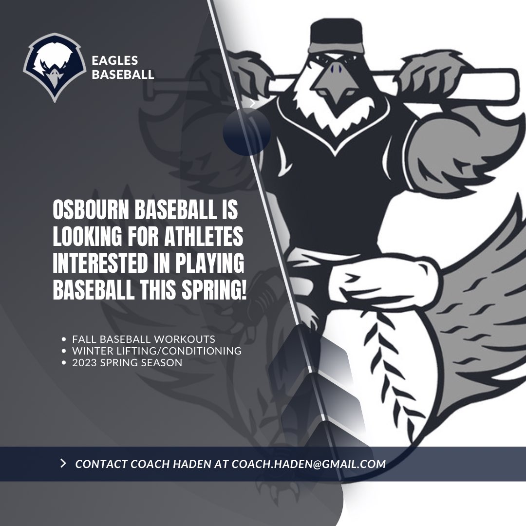 Osbourn_Eagles's tweet photo. Interested in playing baseball this spring? Osbourn baseball is running workouts this fall and winter lifting/conditioning. Contact Coach Haden at coach.haden@gmail.com for more info! #TheCity🦅 https://t.co/rrPmbDCZ9j