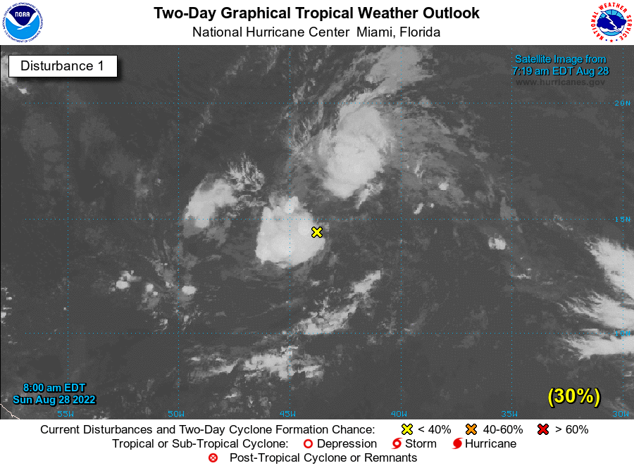 NHC_Atlantic's tweet photo. 8 am ET Aug 28: A broad and elongated area of low pressure over the central tropical Atlantic is likely to develop gradually and become a tropical depression later this week over the waters east of the Leeward Islands.

https://t.co/m9946DGzPQ https://t.co/hL9SmRu6AG