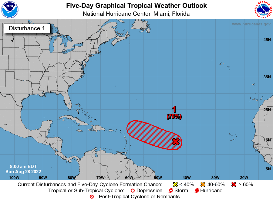 NHC_Atlantic's tweet photo. 8 am ET Aug 28: A broad and elongated area of low pressure over the central tropical Atlantic is likely to develop gradually and become a tropical depression later this week over the waters east of the Leeward Islands.

https://t.co/m9946DGzPQ https://t.co/hL9SmRu6AG