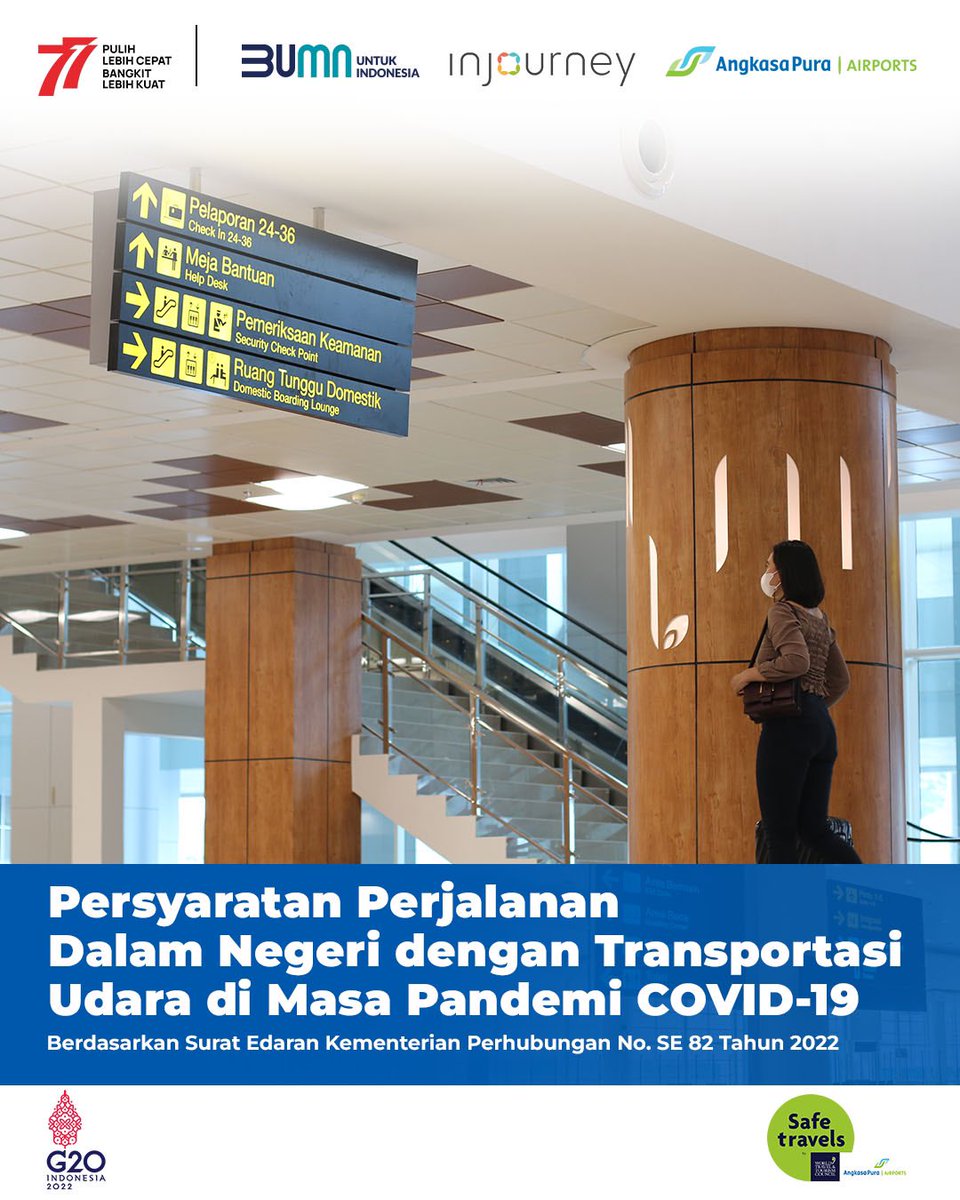 AP_Airports's tweet photo. Info Terbaru Persyaratan Perjalanan Dalam Negeri 

Kini, Sahabat AP1 diwajibkan melakukan vaksinasi ke-3 (booster) sebagai syarat terbang antar kota berdasarkan Surat Edaran Kementerin Perhubungan No. 82 Tahun 2022. Untuk lebih jelasnya, simak di post berikut ya! https://t.co/LnkWmhkSz0