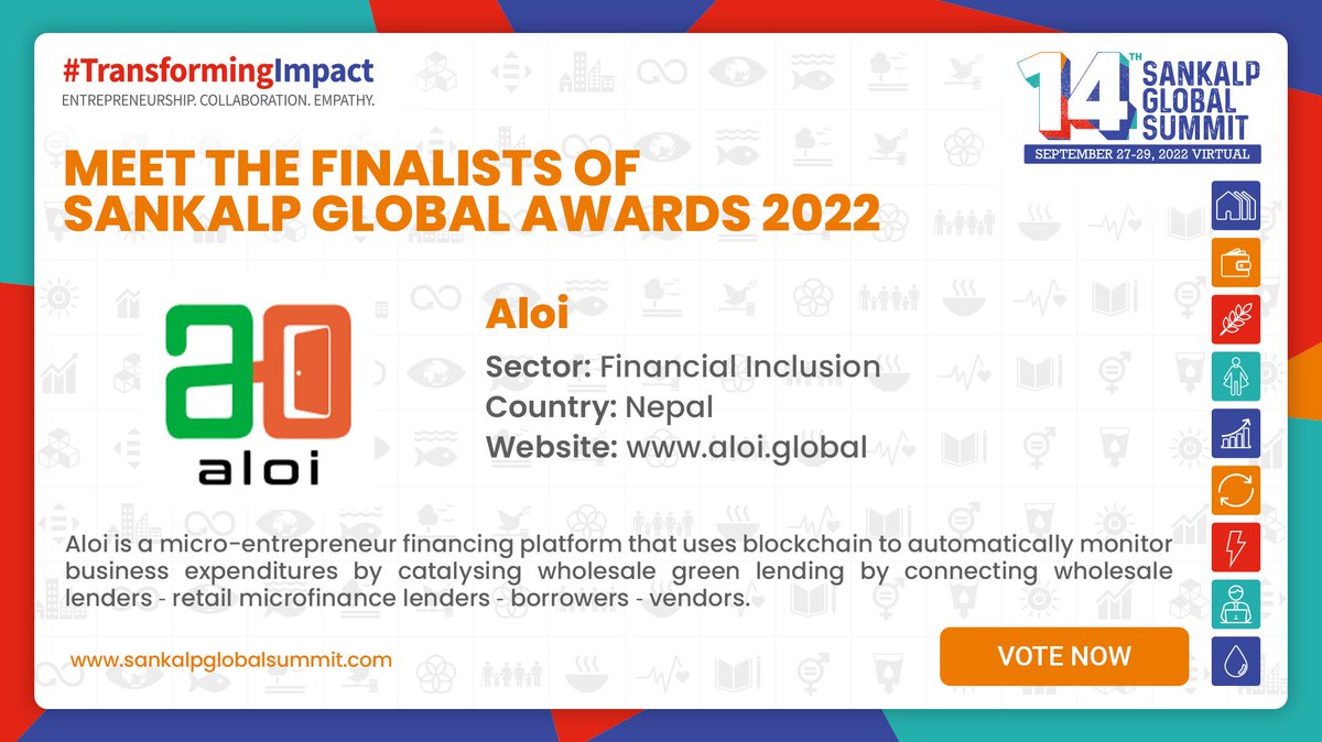 We are happy to announce that we are one of the 13 enterprises that made it to the finals of the #SankalpGlobalAwards2022

Vote #3 Aloi 

sankalpglobalsummit.com/global-awards-…

<a href="/IntellecapTweet/">Intellecap</a> <a href="/SankalpForum/">Sankalp Forum</a>  

<a href="/tongtiffany/">Tiffany Tong</a>  <a href="/Sonikamanandhar/">Sonika 𑐳𑑀𑐣𑐶𑐎𑐵 🌍</a>

#Fintech #ResponsibleFinance #GreenLending #Nepal
