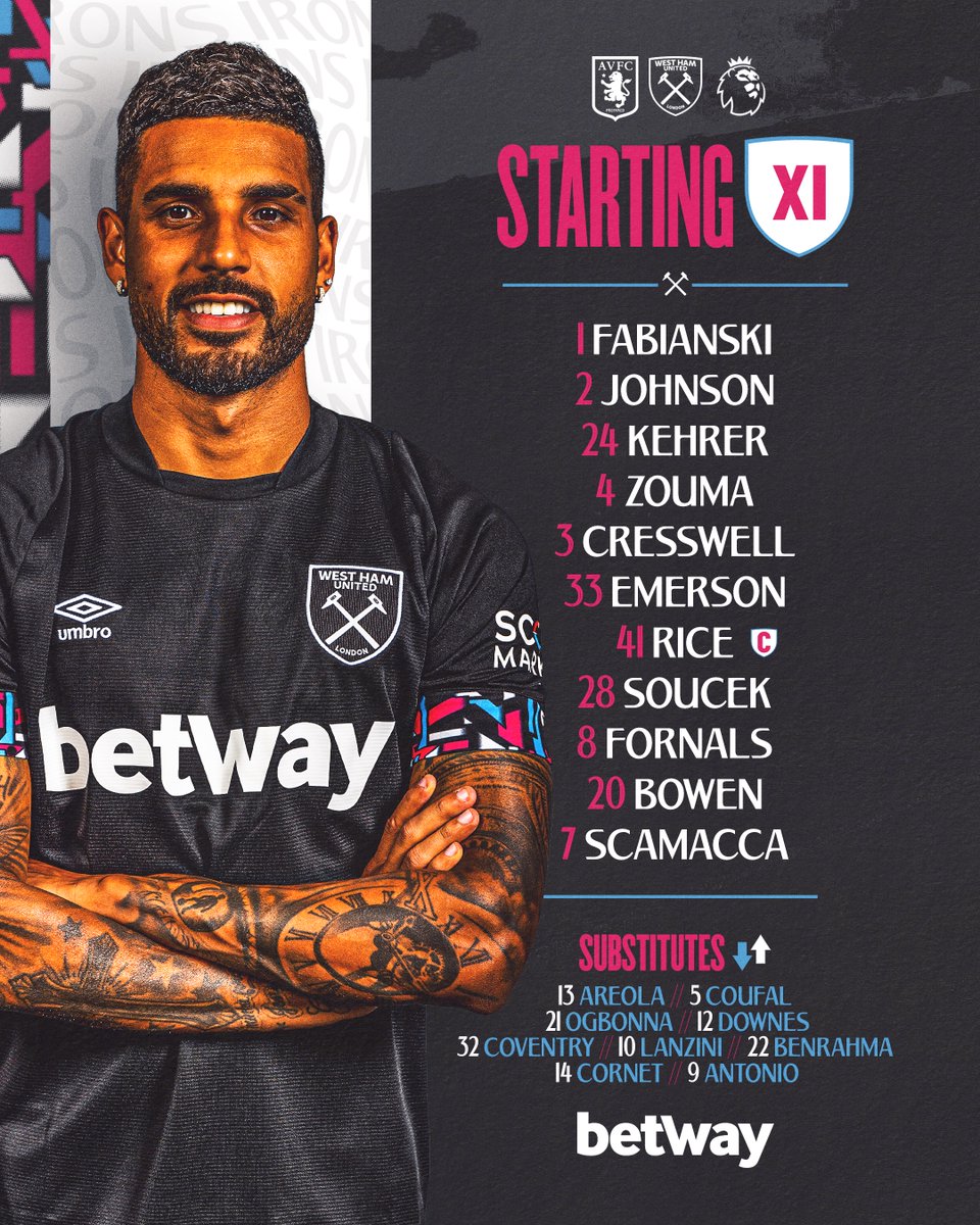A debut for <a href="/emersonpalmieri/">Emerson Palmieri</a> and a first Premier League start for Gianluca Scamacca 👊

Here's today's line-up!

#AVLWHU | <a href="/betway/">betway</a>