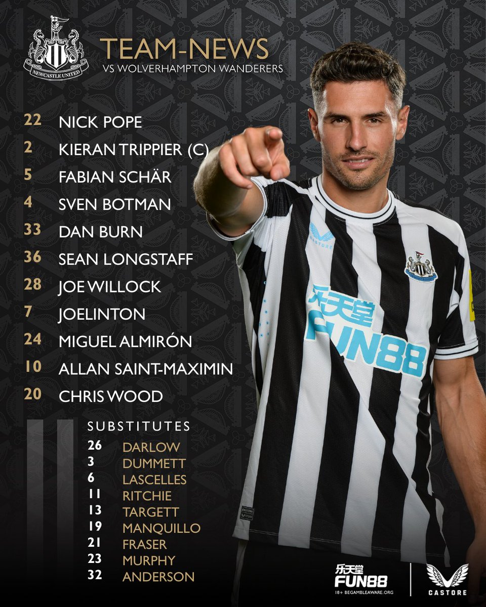 NUFC's tweet image. How we line-up at Molineux this afternoon...

HWTL! ⚫️⚪️