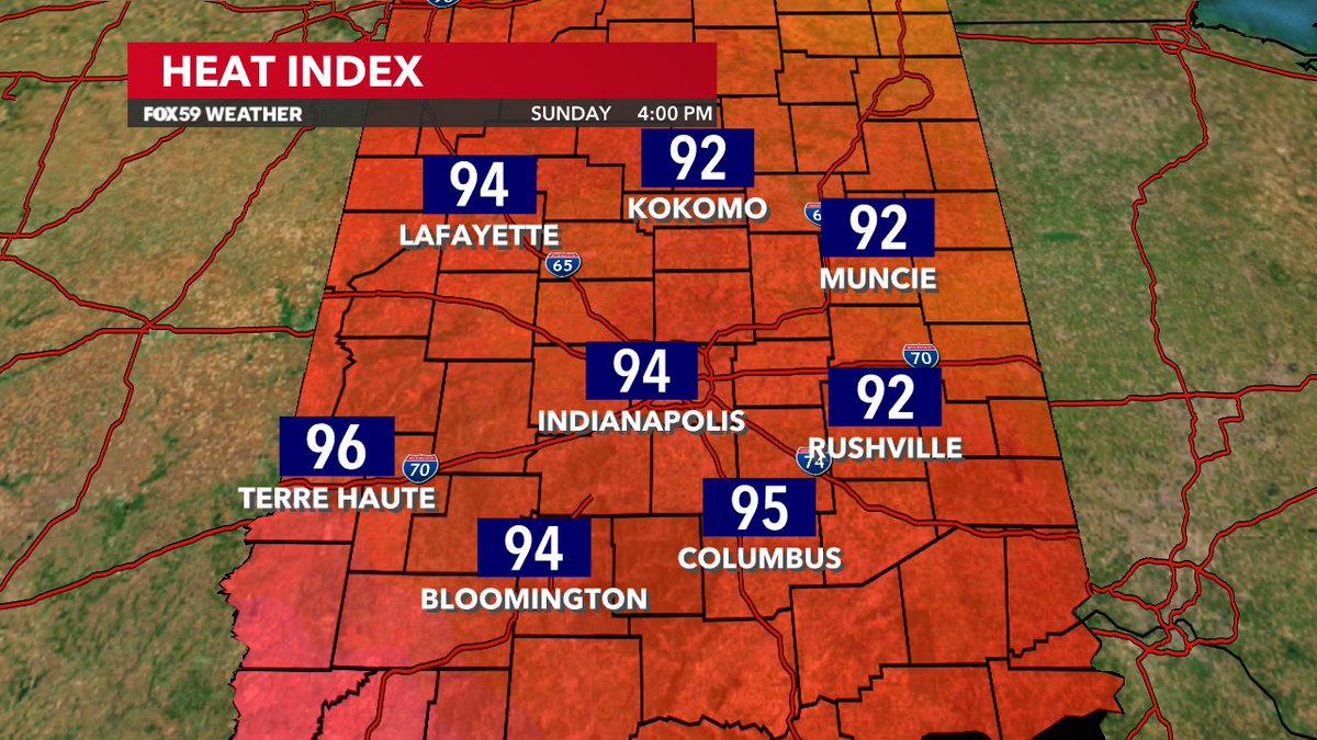 AHardwickWx's tweet photo. Yesterday was very WARM with highs in the mid to upper 80s. It's going to be hotter &amp; more humid today! Highs will likely peak near 90° and it will "feel-like" the mid-90s! #INwx @FOX59 @theWXauthority #FOX59morning https://t.co/dELnEXGj6R