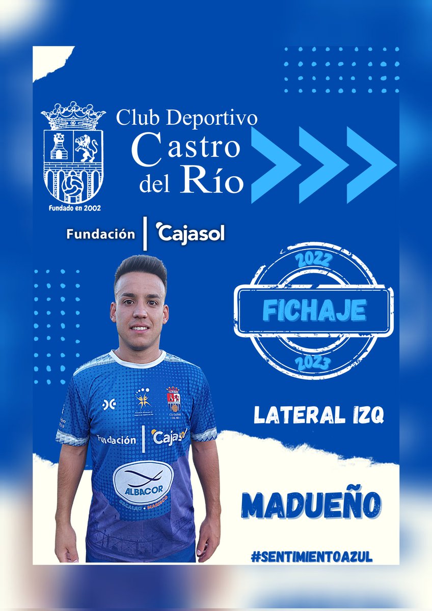 🔵✍️ Fichaje.

José Carlos Madueño, nuevo jugador del Club Deportivo Castro del Río-Cajasol.

 ¡Bienvenido!💙

Madueño de 22 años es un lateral izquierdo con mucho recorrido, potente y veloz procedente de El Carpio C.F, donde ha jugado en las últimas temporadas.