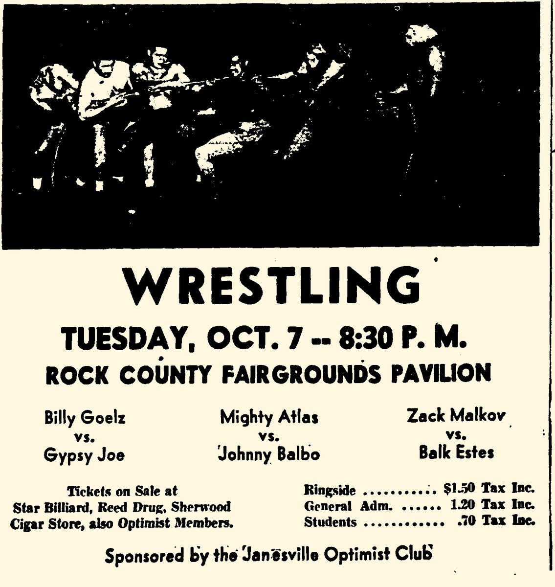 This ad from October 4, 1952 in Janesville shows the Mighty Atlas demonstrating his strength.