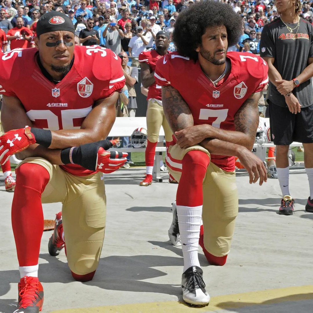 2016 | Colin Kapernick made his first media appearance to speak on why he sat during the national anthem while on the San Francisco 49ers. He shifted his silent protest from sitting down to kneeling to protest police brutality and has since become an activist.