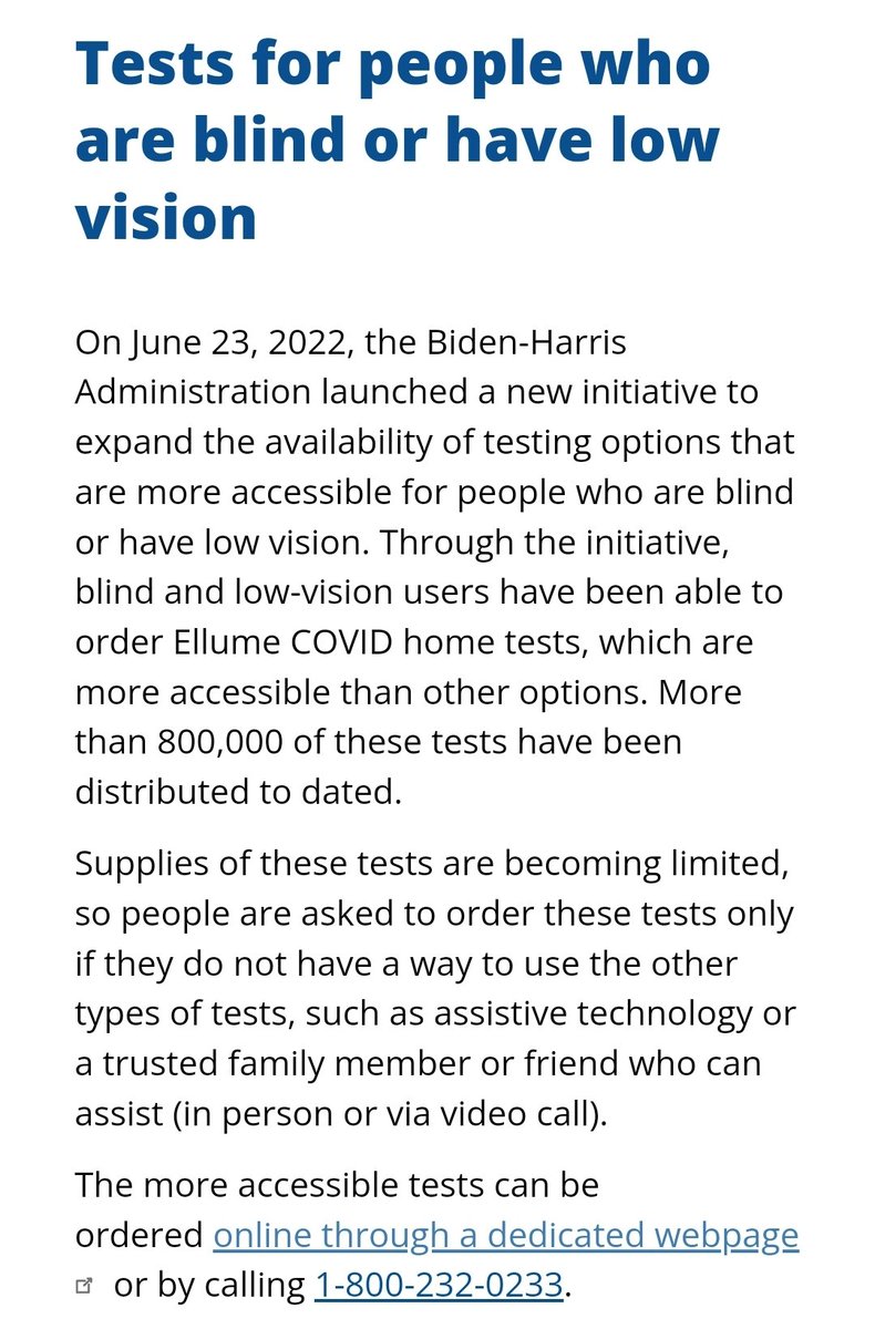 sleepyknave's tweet image. If you or a member of your household is blind or has low vision, you have access to a smartphone, and you have not yet ordered your allotment of 12 more accessible Ellume home tests, please do so.

Here is the dedicated page about more accessible tests:
acl.gov/covid19/tests-…