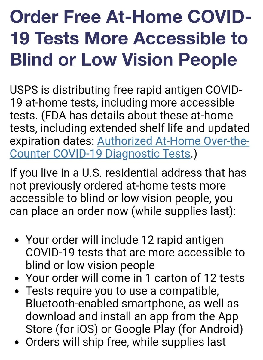 sleepyknave's tweet image. If you or a member of your household is blind or has low vision, you have access to a smartphone, and you have not yet ordered your allotment of 12 more accessible Ellume home tests, please do so.

Here is the dedicated page about more accessible tests:
acl.gov/covid19/tests-…