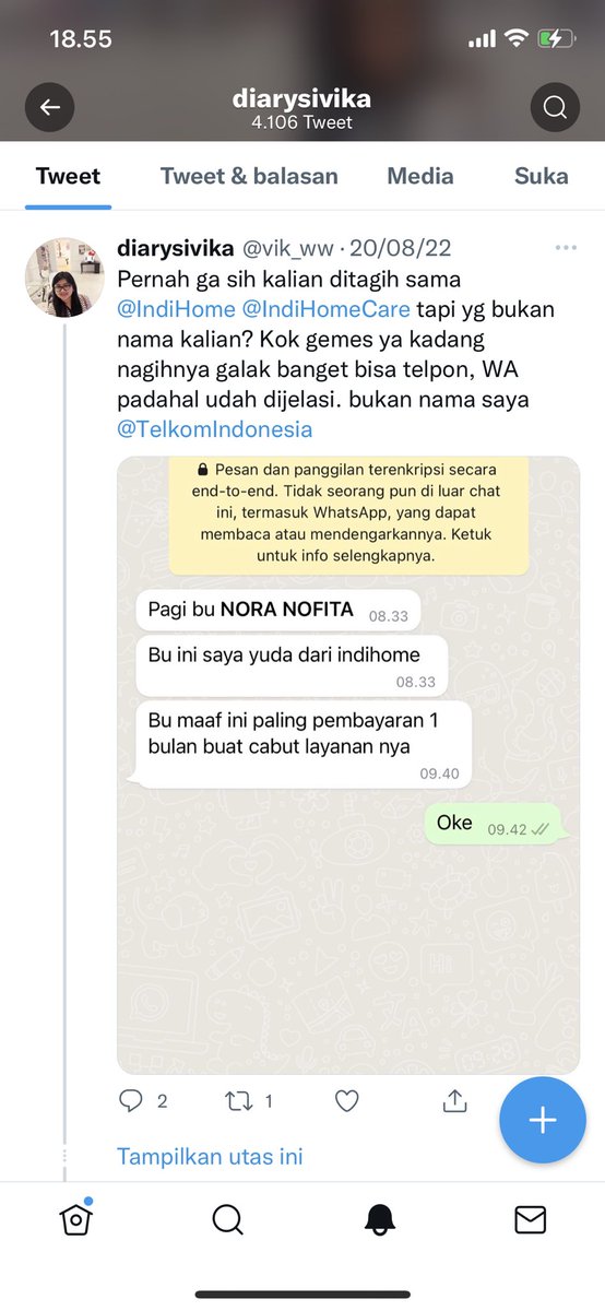vik_ww's tweet photo. @IndiHomeCare Jadi tgl 20 agustus saya sudah pernah share di twitter tapi tetap sampai saat ini belum ditindaklanjuti malah ditagih lagi per hari ini. Alasan dari bapak yudha dari @TelkomIndonesia karena data saya digunakan atas nama orang lain https://t.co/4n8ljQ7uM4