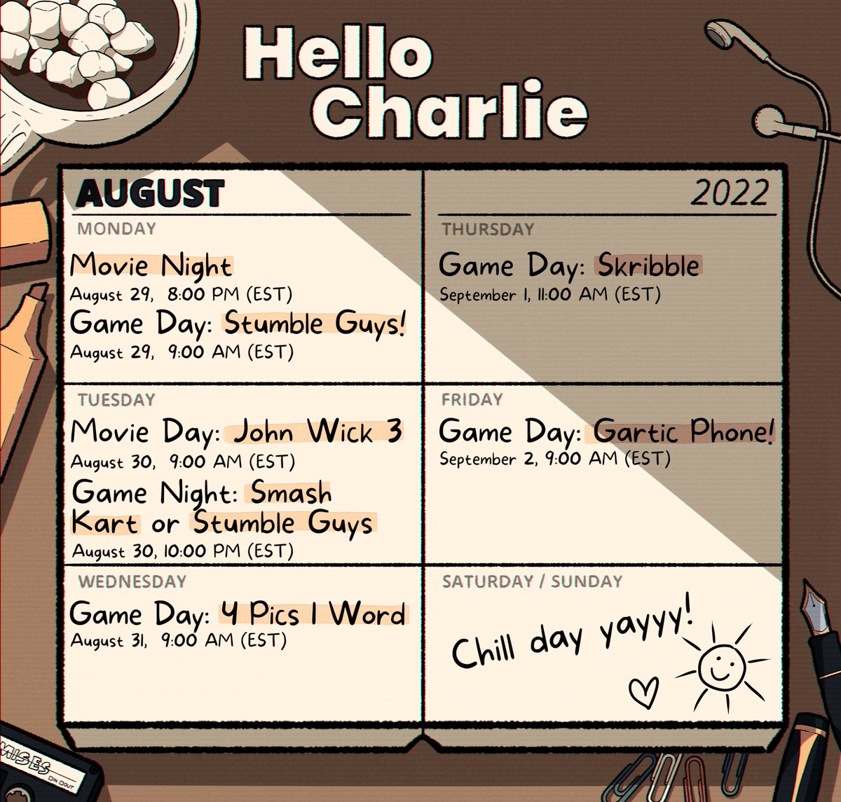 HelloCharlieNFT's tweet photo. We hope you touched gras today frens and spent your day with family!

Here's our another schedule for this week on discord! See you tomorrow.
#WeRCharlie https://t.co/VlMG1oiGRG