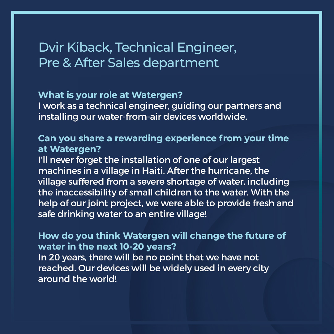 Watergen_Inc's tweet photo. Meet Dvir Kiback, Technical Engineer in the Pre &amp; After Sales Department. 
.
#technology #newtechnology #waterscarcity #water #meettheteam #workspaceculture #workinghappy #leadership #salesteam https://t.co/OuOHxtjyJT