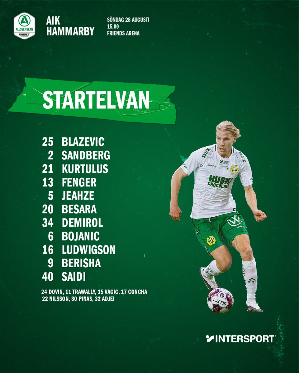 hammarbyfotboll's tweet photo. 📋 Startelvan mot AIK ⤵️ 

https://t.co/mkNTGxaFRu 

#Bajen #allsvenskan https://t.co/YFSphlUw55