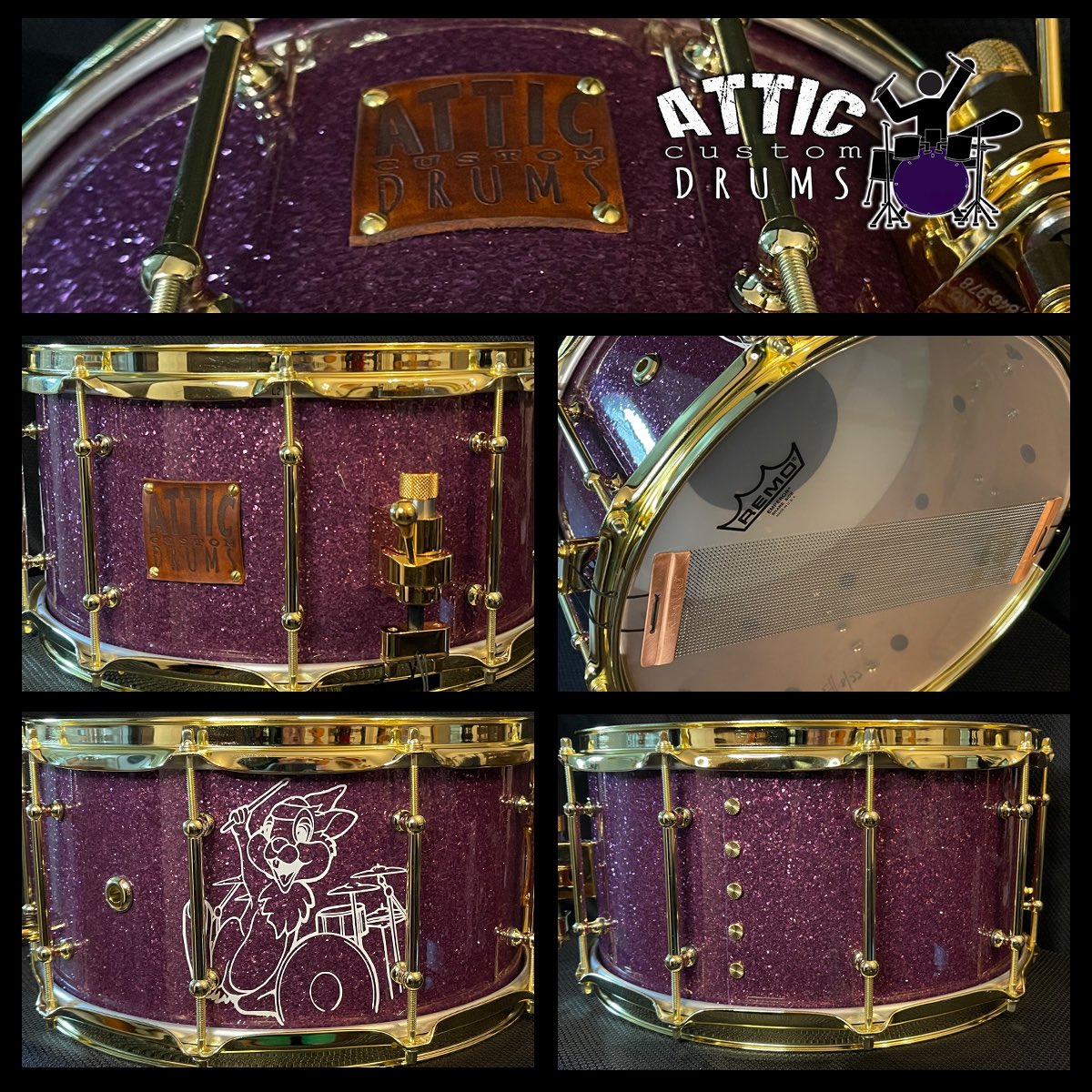 AtticDrum's tweet photo. Custom order. 7x14 8-ply cherry. Purple glass glitter wrap with custom decal. 2.3mm triple-flanged hoops. Brass hardware. 10 tube lugs. 14k gold plated multi-position Trick throw-off and butt plate. Puresound 30-strand snare wires. #customdrums #snaredrum #customsnare #drums https://t.co/dHm0V3afgr