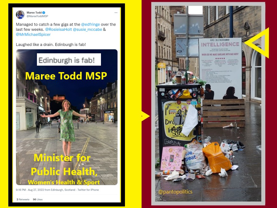 PantoPolitics22's tweet photo. @gorbalsgoebbels 🏴Public Health Scotland has warned of a risk to public health as bin strikes continue across Scotland...
🟡Minister for Public Health, SNP's Maree Todd: Saturday night: Edinburgh is fab... 👃😷🤿#EdinburghRubbish #Rank #Reekin #Rancid https://t.co/Tu2XlFCdyk
