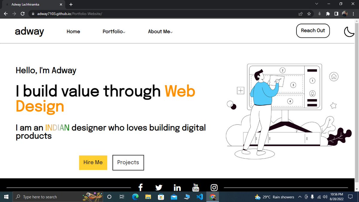 Adwayyyyy's tweet photo. Day #8

Today I,

-added a dark mode toggle button to my website.

-Made the front page of my website responsive.

-customised some colors.

Suggestions are welcome,
LINK👇
https://t.co/AFDlgjPzC4

#CodeChallenge #100daysofcode #webdesign #WebDevelopment  #javascript #html #css https://t.co/gGYeoapV9M