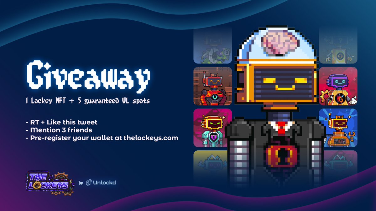 Unlockd_Finance's tweet photo. 🎁⚙️ #TheLockeys GIVEAWAY ⚙️🎁

To celebrate the great support our NFT genesis collection is receiving, we're giving away:

1 Lockey NFT
5 guaranteed WL spots

To enter:
- RT + Like this tweet
- Mention 3 friends
- Pre-register your wallet: https://t.co/pgv0QSWFIc

Ends Aug 31th! https://t.co/TLy67IN3HH