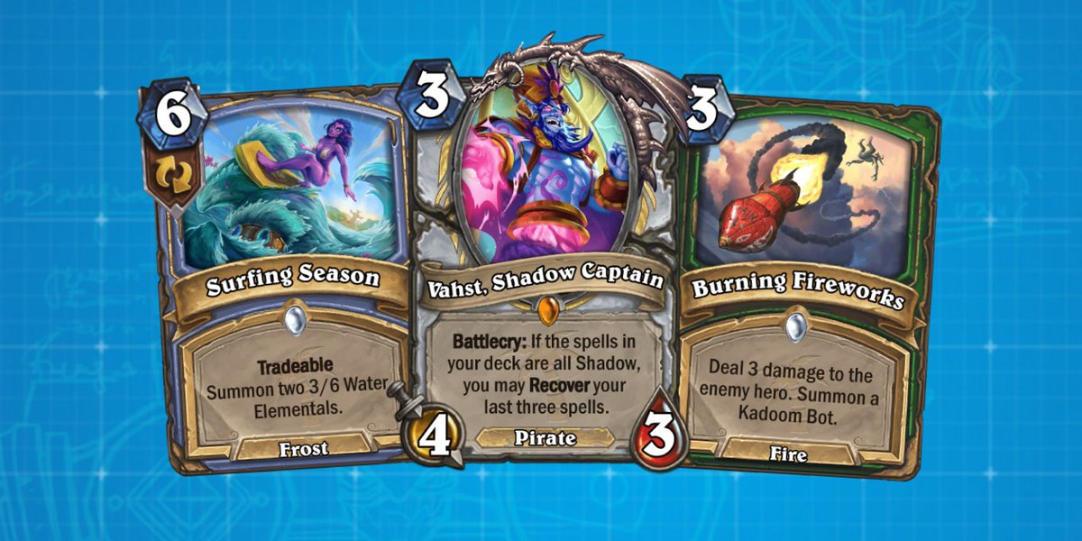 OutOfCardsHS's tweet photo. This week on the spotlight is Moondreamer's vision of Azeroth's heroes and villains taking a much deserved vacation featuring the new Recover mechanic, and Tradeable coming back. #CustomHS https://t.co/oXN79pkidJ https://t.co/DNUmKXJWzc