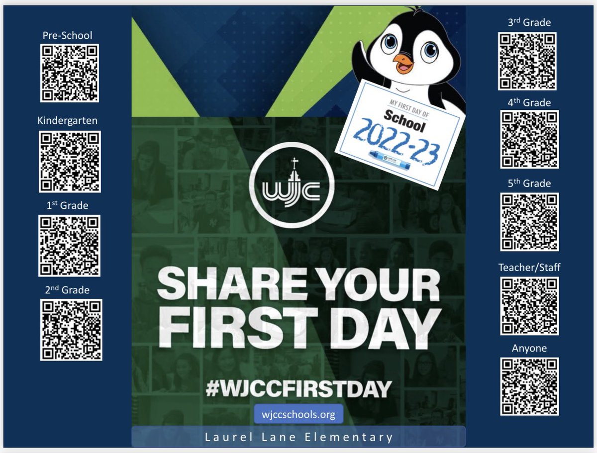 LLES_WJCC's tweet photo. The first day of school is Monday, August 29th (9:35 am to 4:05 pm) and we are ready to celebrate! Penguin staff and families, use the link or QR code for our βFirst Dayβ photo signs: https://t.co/zY7LnBn165. #allinforallourkids #wearewjcc #wjccfirstday https://t.co/UZkXscgQKY