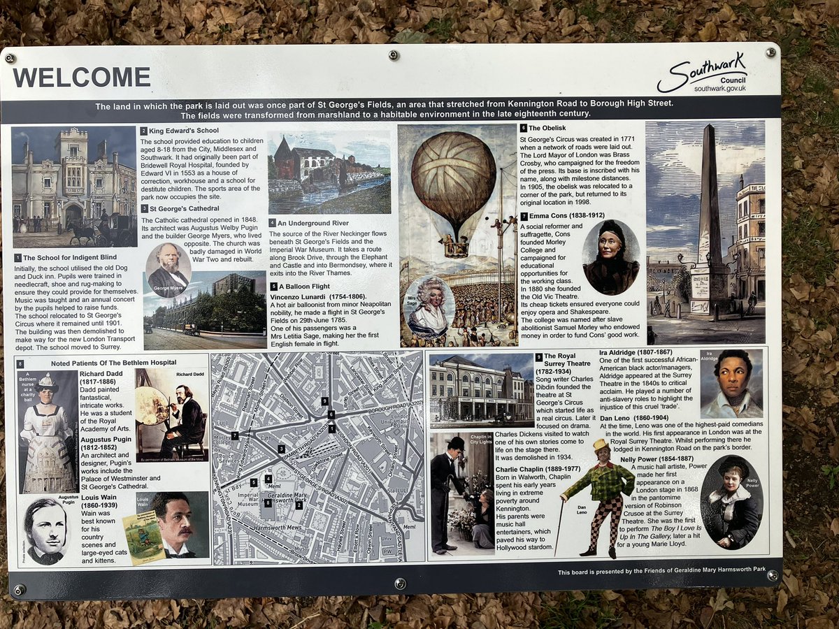 RoadSw9's tweet photo. Park @I_W_M once part of St George’s Fields. Nearby The Surrey with #DanLeno #CharlieChaplin #IraAldridge and @power_nelly all getting a mention on the @lb_southwark @SwkHeritage board in the park. Love a local history board. https://t.co/Xvk6WWfVlR