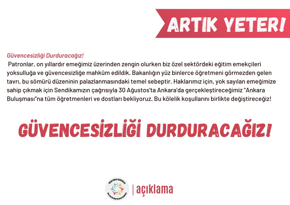 ogretmensendika's tweet photo. Yüz binlerce eğitim emekçisini görmezden gelen; ögretmen, ögrenci ve velilerin değil patronların sorunlarını çözmeye koşan @tcmeb'e görevlerini  hatırlatmak için #ÖzelSektorÖğretmenleriAnkaraya geliyor. https://t.co/R8SUWcb8Ij
