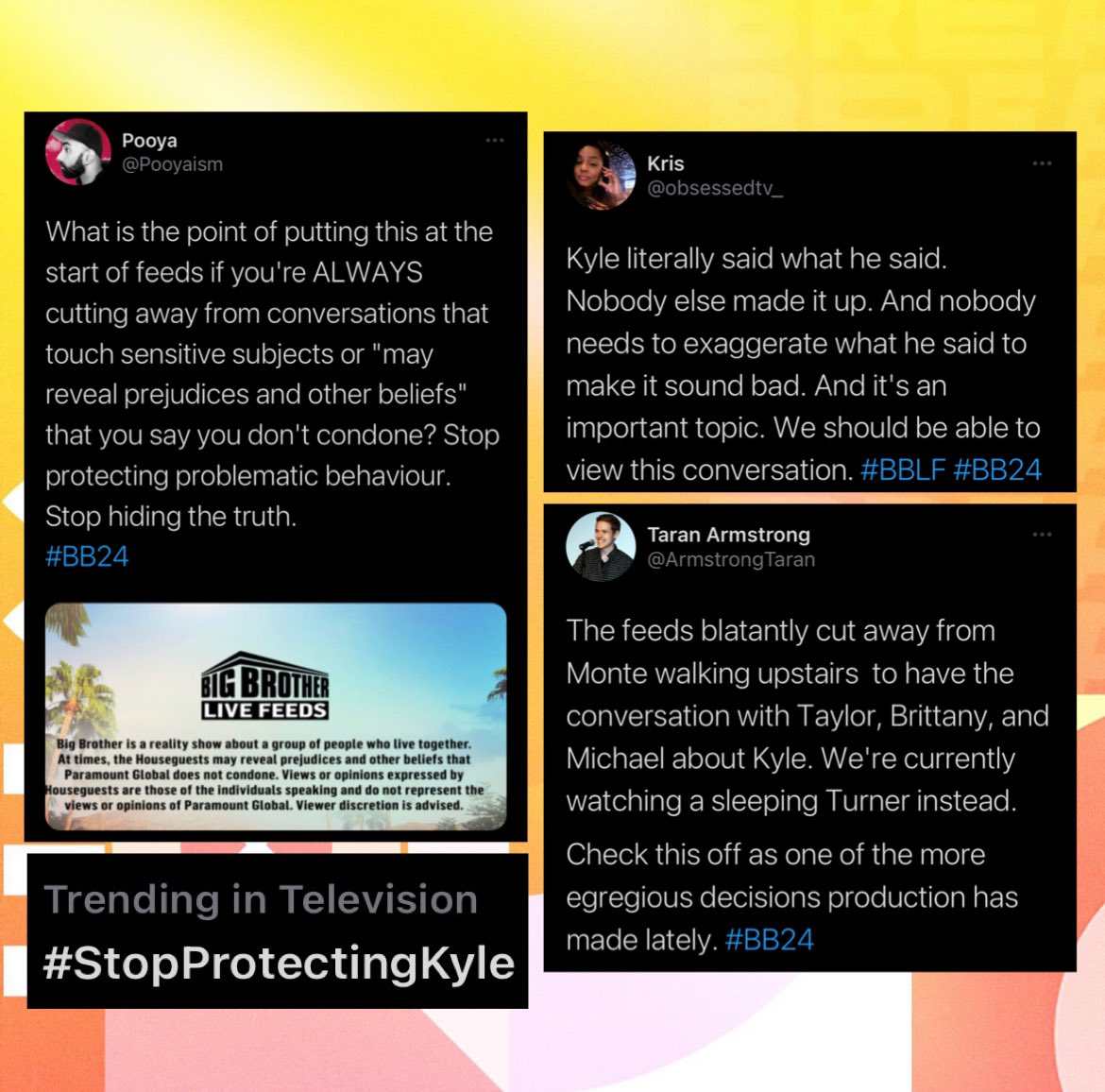 PopCrave's tweet photo. #StopProtectingKyle trends in the US as fans call out the production team of CBS’ 'Big Brother' for refusing to show a conversation confronting the racial microaggressions, made by contestant Kyle Capener, on the show’s 24/7 live feeds. https://t.co/obyP9QnVu2