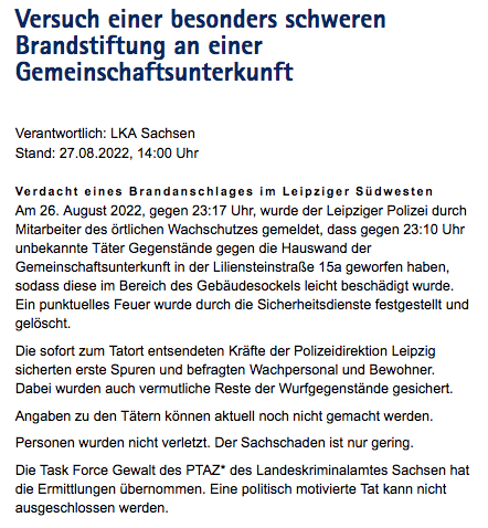 RassismusT's tweet photo. #le2908 Ermittelt beim Brandanschlag in #Leipzig die "Soko Rex" nicht, weil die #Polizei sich bei einem Anschlag auf eine Asylunterkunft nicht festlegen mag? Darum die "Task Force Gewalt", weil in der Stadt gibt es laut den Behörden ja gar keine Neonazis: https://t.co/VIi2xXaJD2