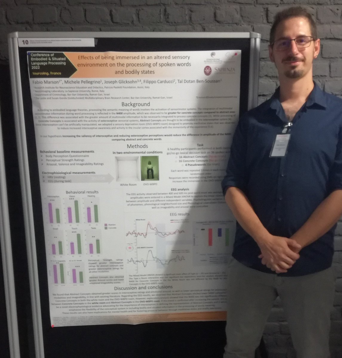 fabio_marson's tweet photo. Immersion in altered sensory environment increase the amplitude of N400 related to abstract concept processing, and other stories at @eslp2022 in Lille.
So far so good, can't wait for the second day!
#eslp #ESLP2022 #language #embodied https://t.co/hPlsdtHaQ8