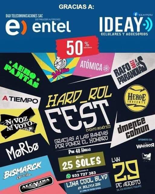 Hard_Rol Fest
<a href="/nivoznivoto/">Ni Voz Ni Voto</a> <a href="/dmente_comun/">dmente comun</a> 
<a href="/Aeropajitas/">Aeropajitas</a> #Atomica #RafoRaez 
<a href="/heroe_inocente/">Héroe Inocente</a> 
Lunes 29/08
