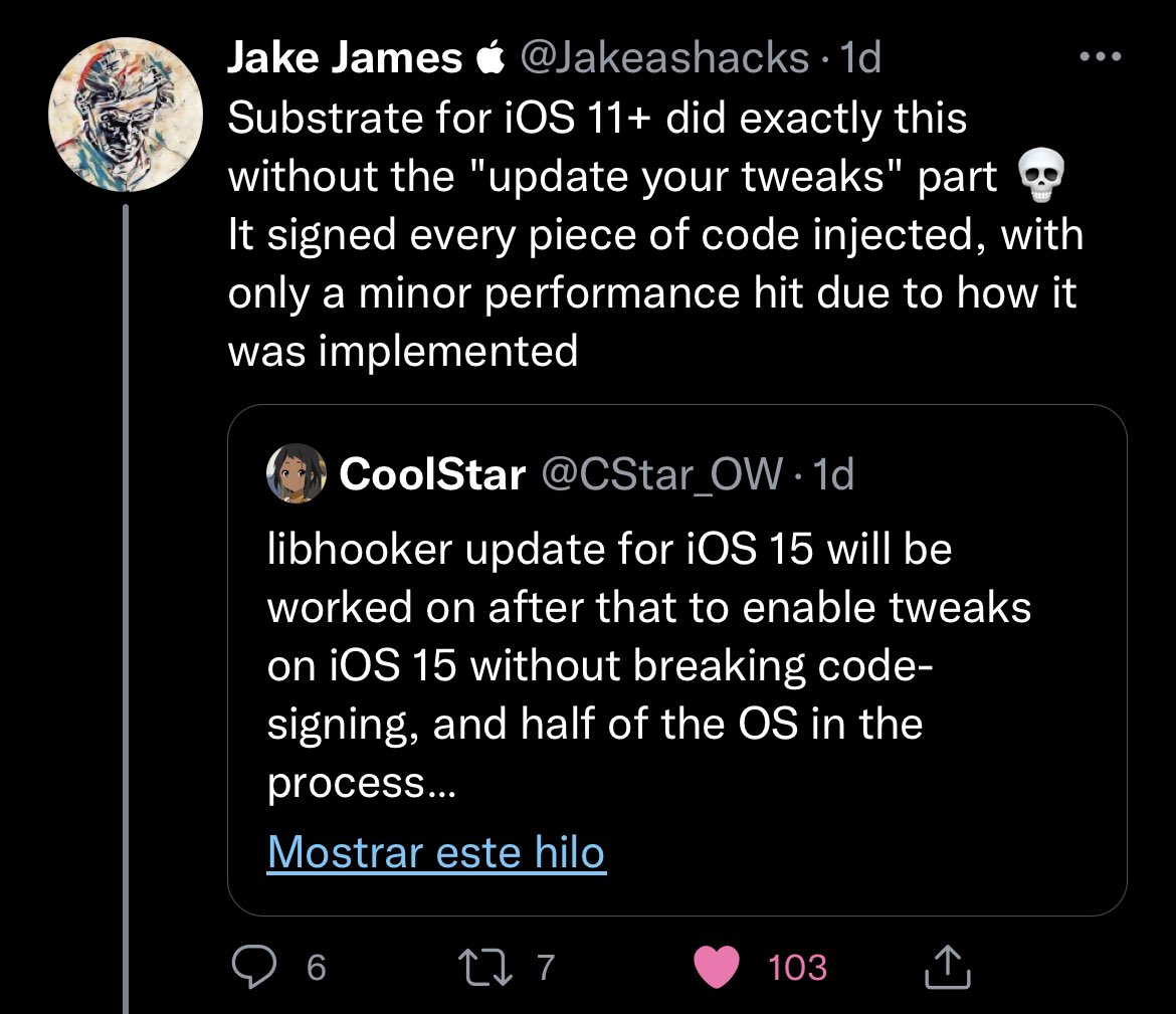 joniiirl's tweet photo. Developer Xina520 shows signs of life and he answered Jake James tweet about Substrate as an option for Rootless Jailbreak🔗 on IOS15⚙️

#Jailbreak ⛓
#IOS15 ⚙️
#Rootless 🙄
#Substrate 🤷🏻‍♂️
#Libhooker ❓
#Substitute ❓ https://t.co/ioYMBw3PNI
