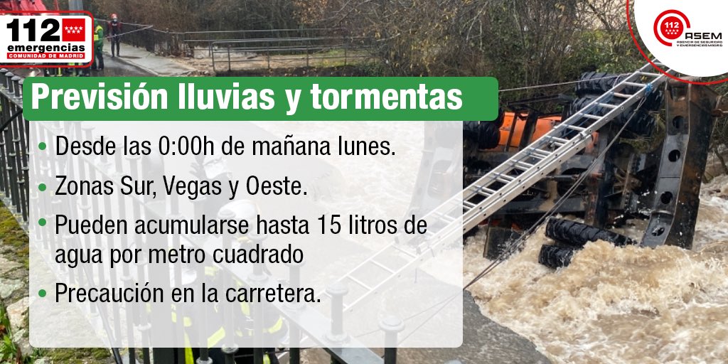 ☔️ Previsión de lluvias para la próxima noche hasta las 12:00h. de mañana lunes. 

✔️ La <a href="/ComunidadMadrid/">Comunidad de Madrid</a> activa el nivel de preemergencia del #INUNCAM. 

✔️ Mucho cuidado en la carretera: más distancia de seguridad y menos velocidad. 

#Madrid112 
#ASEM112