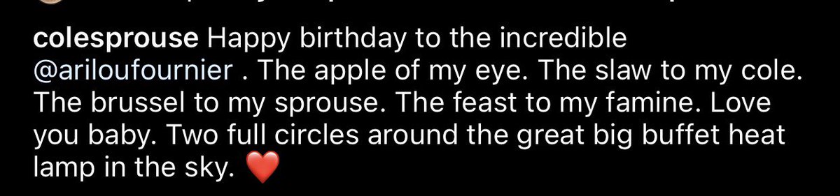 “feliz aniversário pra incrível, ari. a menina dos meus olhos. a salada da minha couve. o banquete para a minha fome. te amo bebê. dois círculos completos ao redor da enorme lâmpada no céu.”❤️