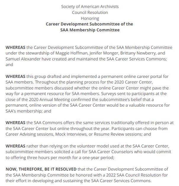 Completing my three years on SAA’s Membership Committee is bittersweet. I’m so proud of the work that our subcommittee did to design and launch <a href="/CareerCommons/">SAA Career Services Commons</a> last year. Closing out my term with a <a href="/archivists_org/">Soc Amer Archivists</a> Council recognition is an honor. #SAA22