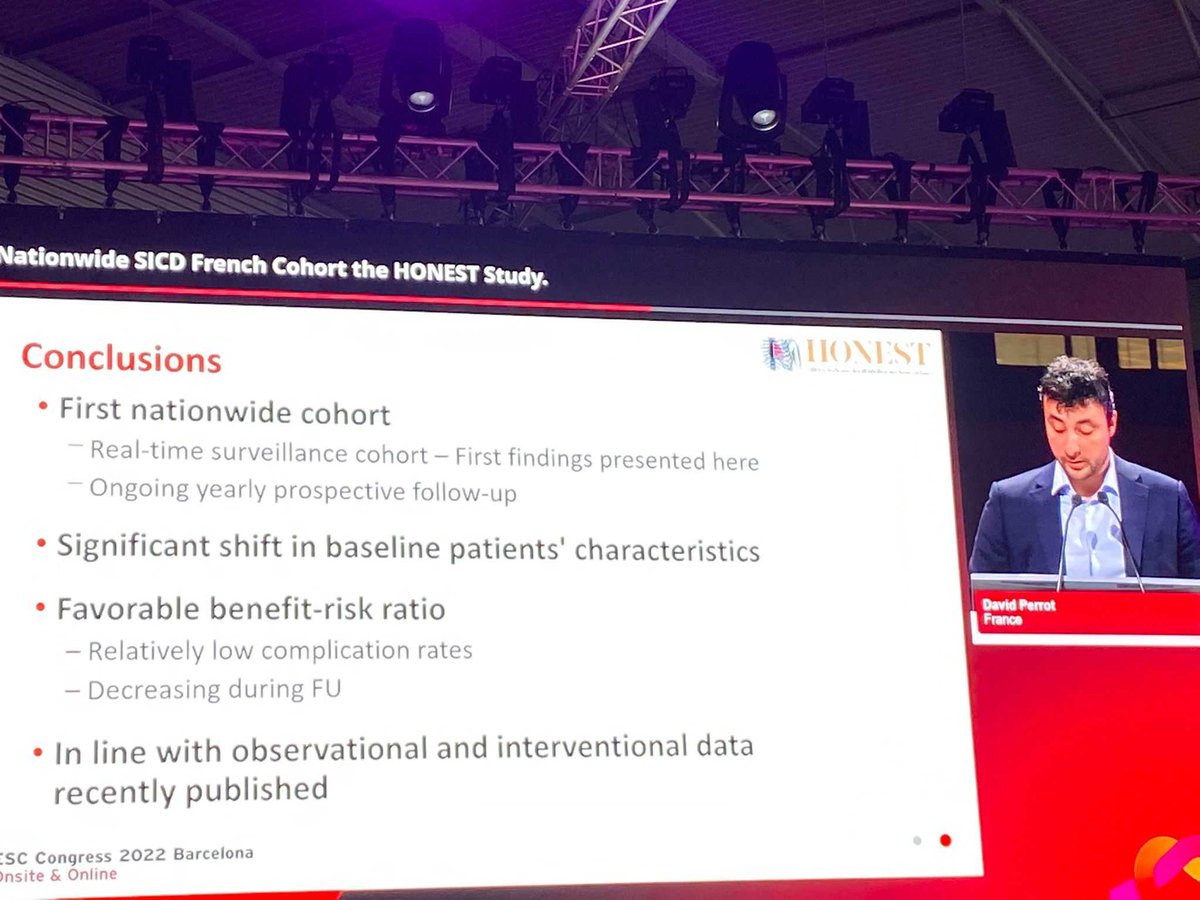 HONEST cohort, the largest real world #SICD study of almost 5,000 patients, showed #SICD has a 'favourable benefit-risk ratio' with a low rate of complications and low rate of cross-over to TV-ICD #Extrathoracic #ESCCongress2022