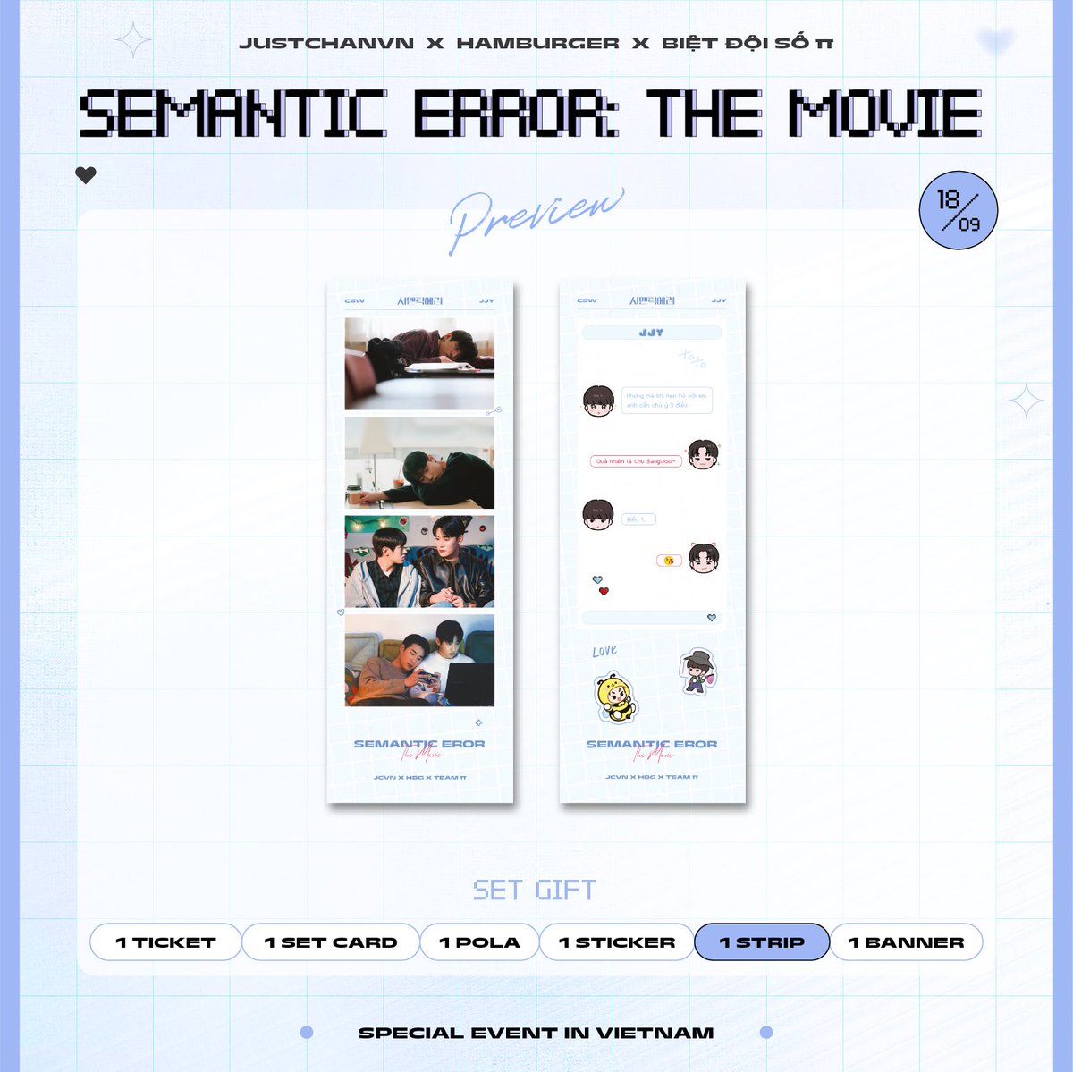 JustChanVN's tweet photo. Event offline được tổ chức bởi @JustChanVN, @parkseohamvnfp và Biệt đội số Pi sẽ được tổ chức tại Hà Nội và TP HCM 18/9 này ✨ Cùng xem qua set gift các bạn sẽ nhận được khi tham gia event nhé 💜

Hẹn gặp các bạn tại event! 🎉

#SemanticError #시맨틱에러 https://t.co/TbxP3LRS4s