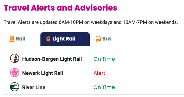 MsBeaPerkins's tweet photo. @NJTRANSIT_HBLR It would be helpful if your website didn't list "on time" instead of "alert" for the light rail with this altered schedule. Even MORE helpful to have it in the drop down instead of just the elevator info! It's the most basic of communication provisions. Do better! https://t.co/vFiPjyPHY2