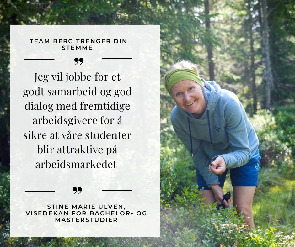 Stine Marie Ulven (<a href="/StineUlven/">Stine Marie Ulven</a>) er kandidat for visedekan for bachelor- og masterstudiene i <a href="/TeamBerg1/">Team Berg</a>. 

📢 Arbeidslivsrelevans er blant sakene hun brenner for  

#Dekanvalg2022 #Detmedisinskefakultet #UIO