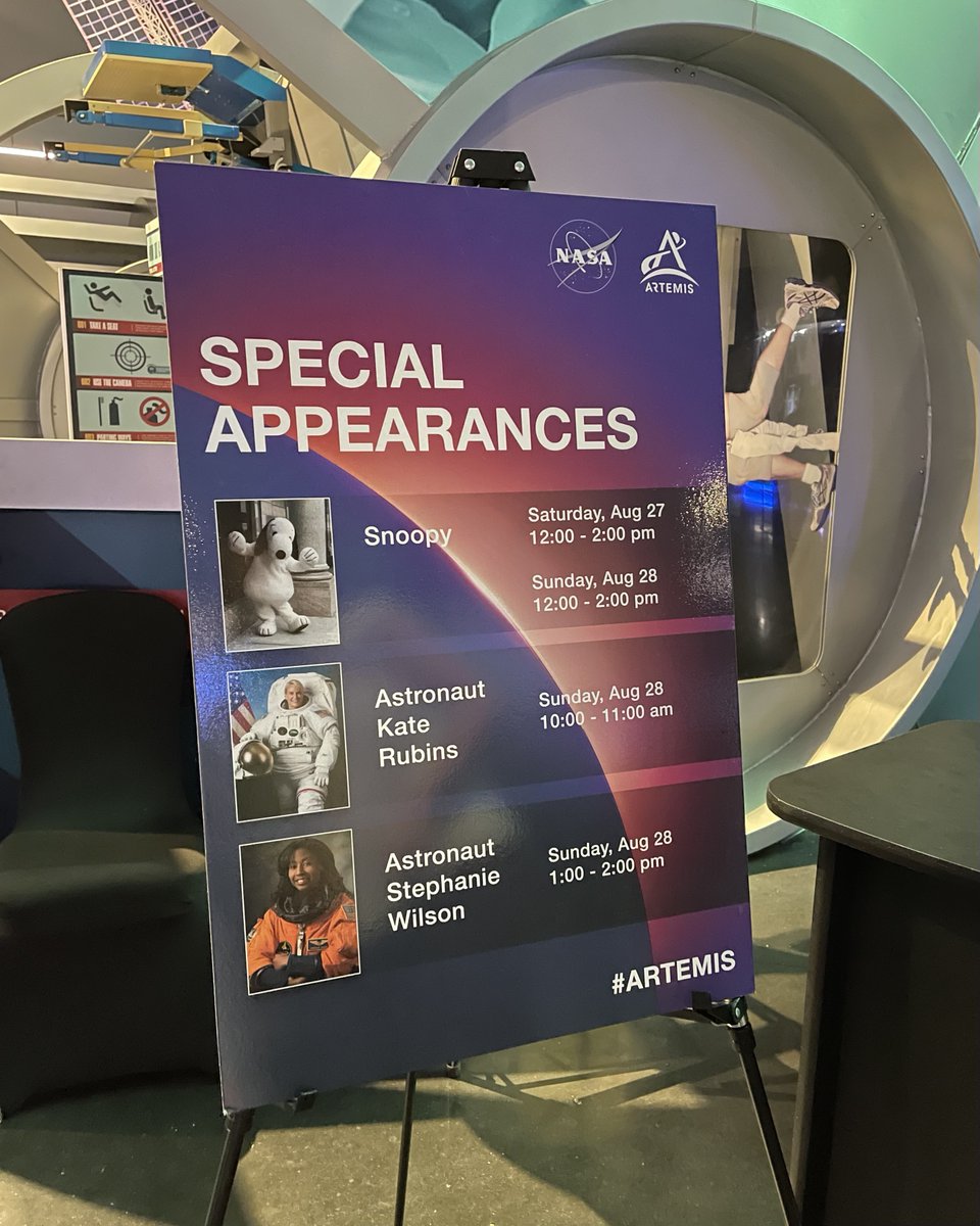 ExploreSpaceKSC's tweet photo. T-1 day until the launch of #Artemis I! Artemis I is an uncrewed flight test and will help NASA prepare for Artemis II. Today at the visitor complex you can meet 2 future NASA Artemis Astronauts, Kate Rubins and Stephanie Wilson! https://t.co/xJrlow6WTo
