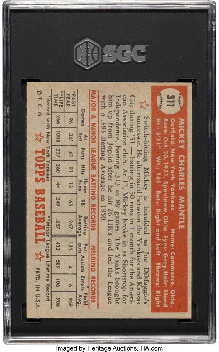 BryanHoch's tweet photo. A 1952 Topps Mickey Mantle rookie card called "the finest known example in the world" was sold this morning by Heritage Auctions for the record-setting price of $12.6 million. My bid came up just short. https://t.co/DYX3D13uZs
