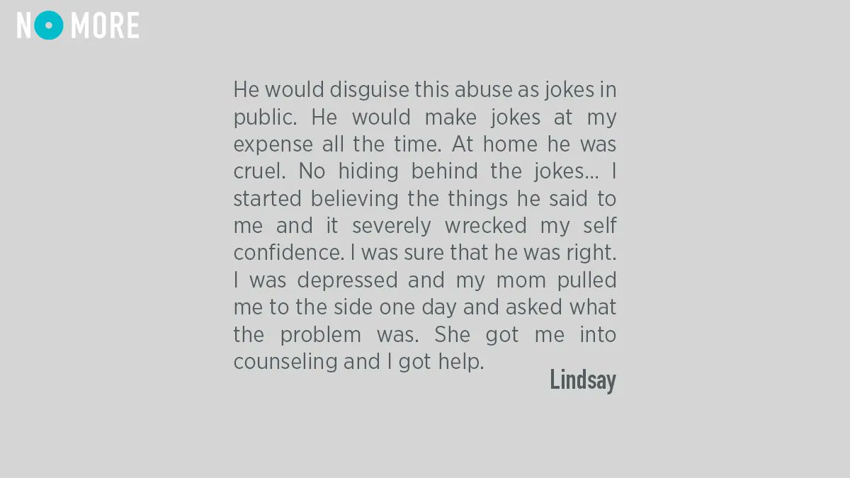 NOMOREorg's tweet photo. Thank you, Lindsay, for sharing your story. 

Abuse damages a survivor’s self esteem. Check in with your friends and family if you notice signs of depression. They may need your encouragement and support to receive help. #KnowTheSigns https://t.co/DhROkWhZec